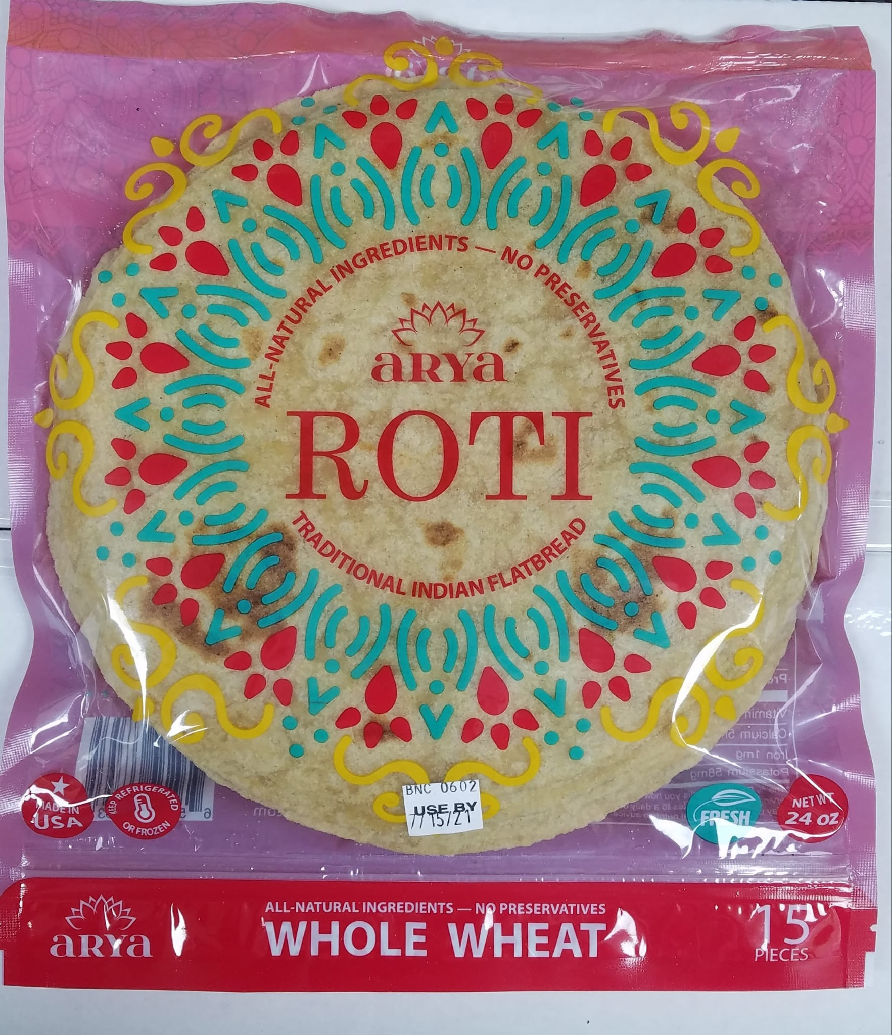 Arya Whole Wheat Roti (15 Pcs  24oz)
