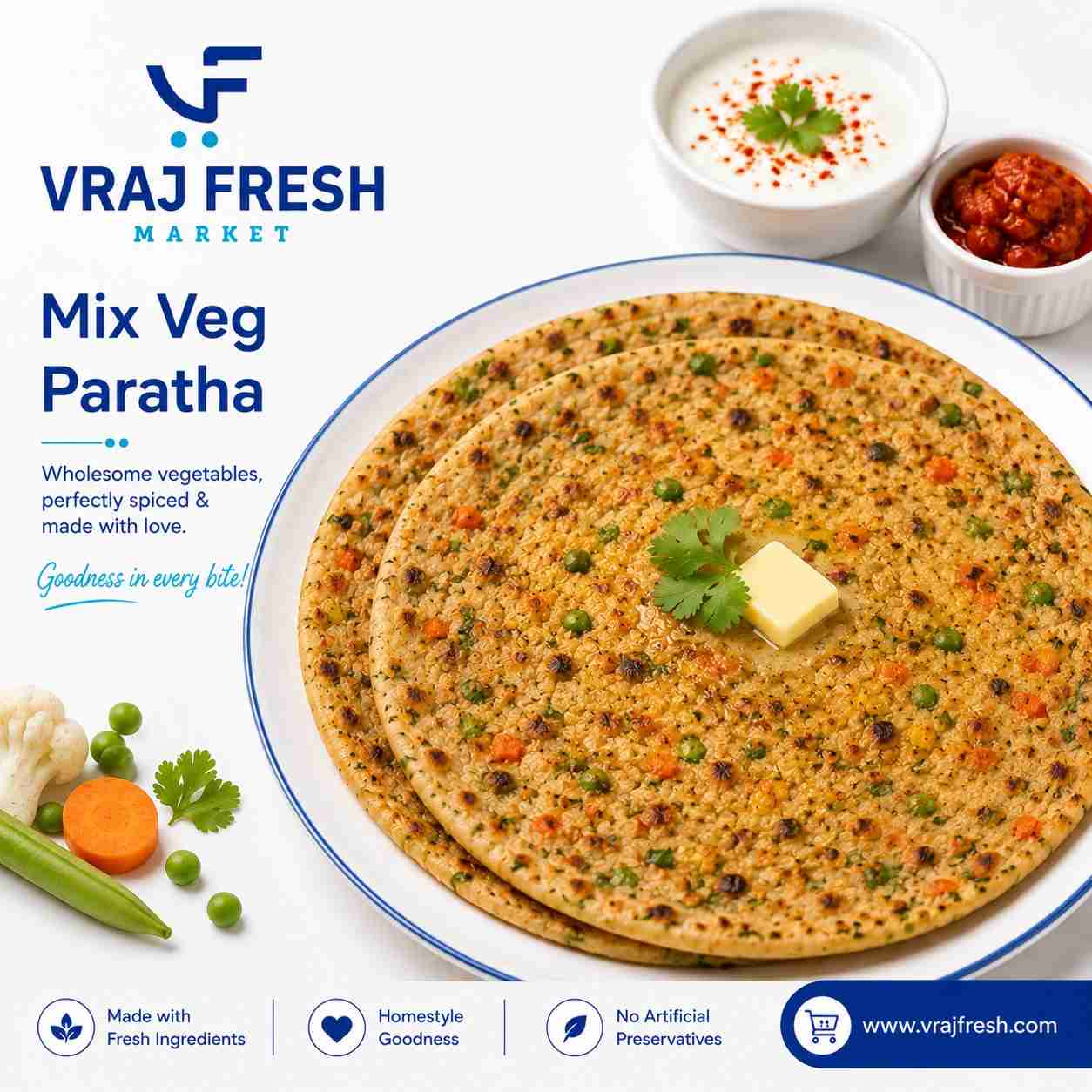 Fresh Mix Veg Paratha (3 Pcs, 9 inch)