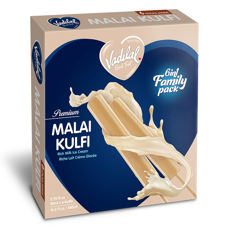 Vadilal Malai Kulfi Sticks (6 in 1 Family Pack) (480ml  16.2Oz)