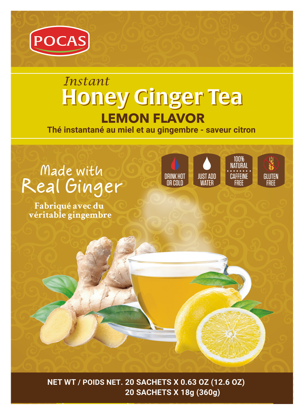 Pocas Instant Honey Ginger Tea Lemon Flavor  20 Sachets (12.6Oz  360g)