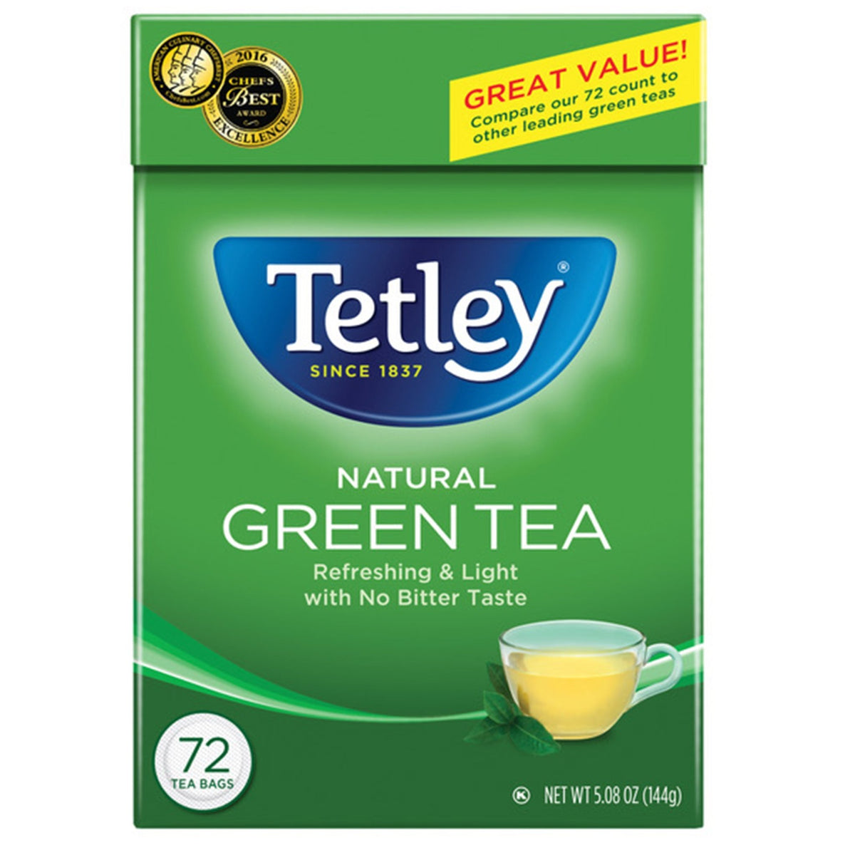 Tetley Natural Green Tea  72 Bags (144g  5.08Oz)