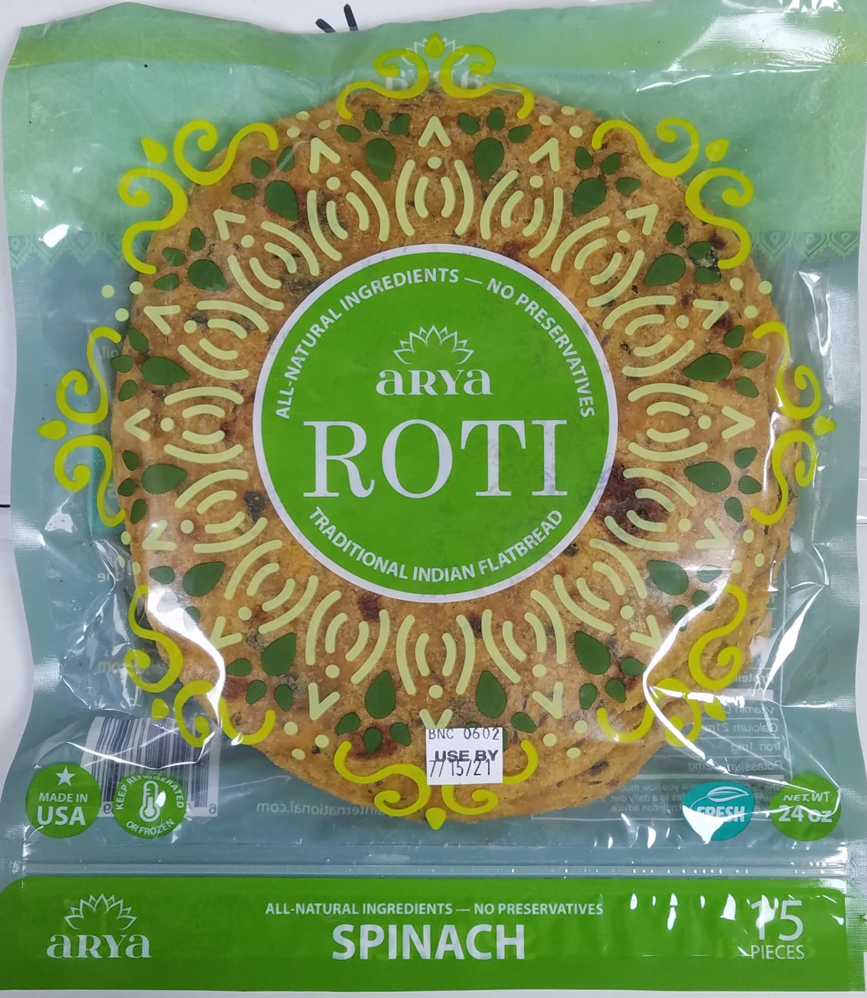 Arya Spinach Roti (15 Pcs  24oz)