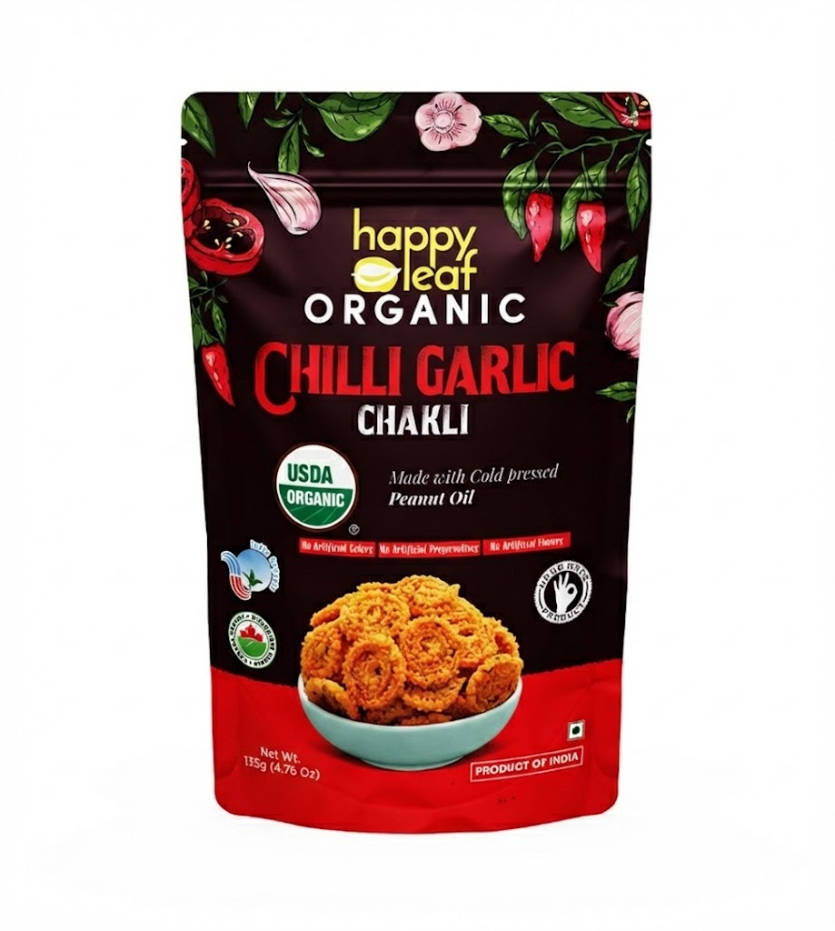 Happy Leaf Organic Chilli Garlic Chakli (135g, 4.76oz)