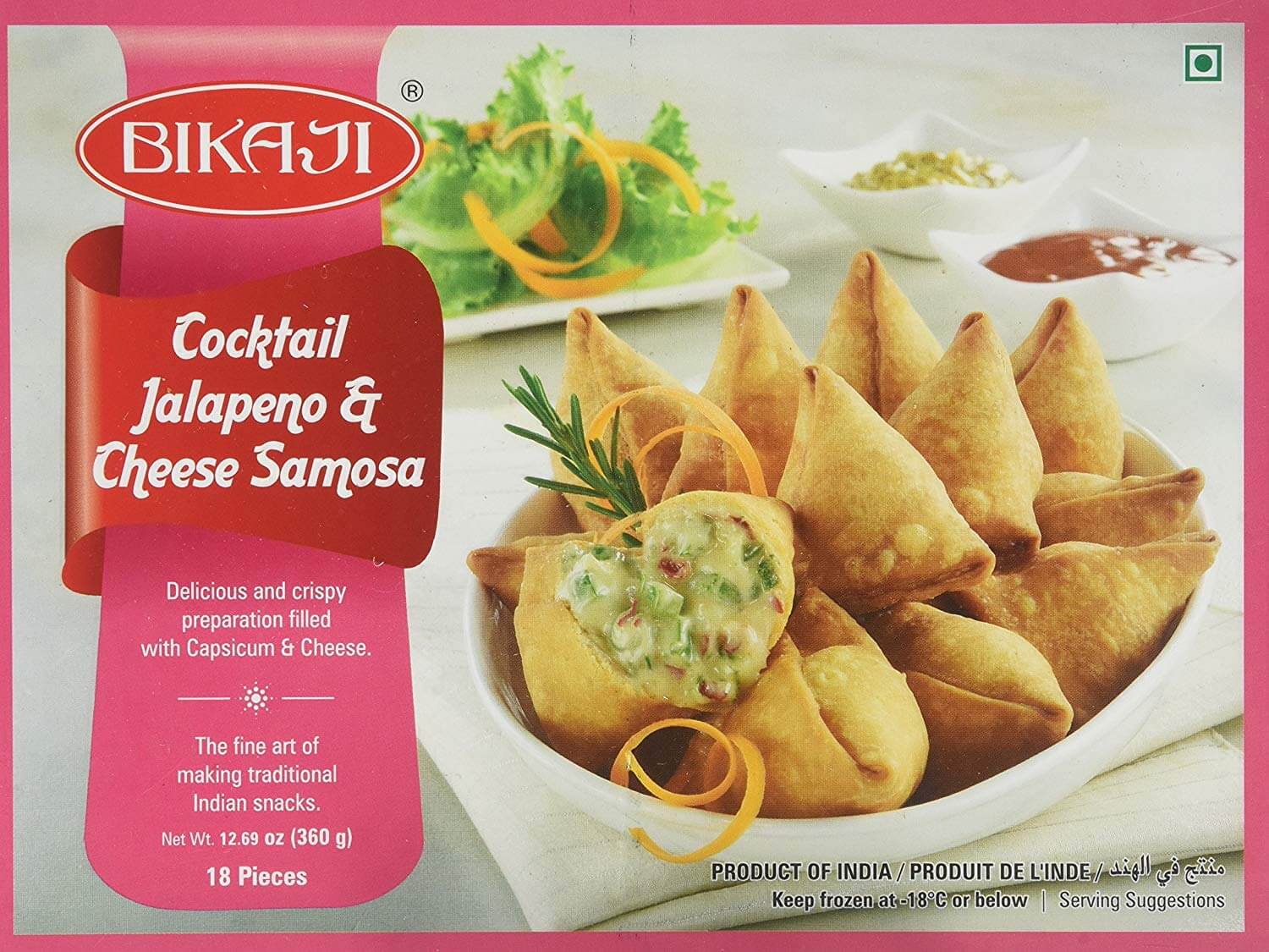 Bikaji Cocktail Jalapeno & Cheese Samosa 18 Pcs (360g, 12.6Oz)