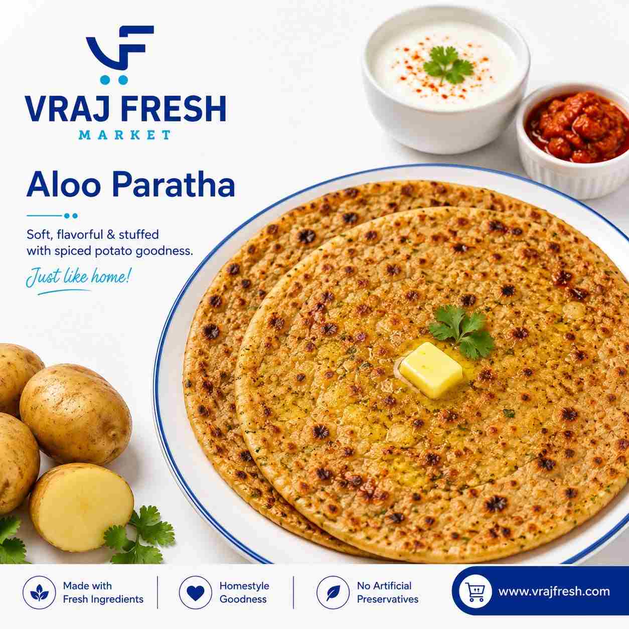 Fresh Aloo Paratha (3 Pcs, 9 inch)
